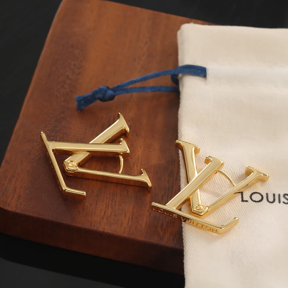 Louis Vuitton Earrings - Gold 'LV' Logo Design